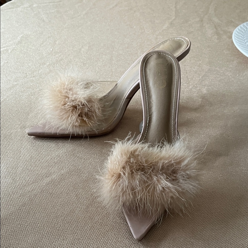 EGO Tan Feathered Heeled Mules